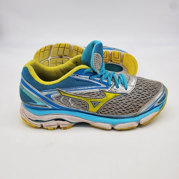 Mizuno Shoes Women's 9 Wave Inspire 13 Gray Aqua Yellow Running Training - Picture 7 of 14